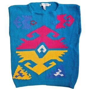 Vintage Claus Brand Knit Sweater Vest Women's Size L Blue Colorful Geometric 80s
